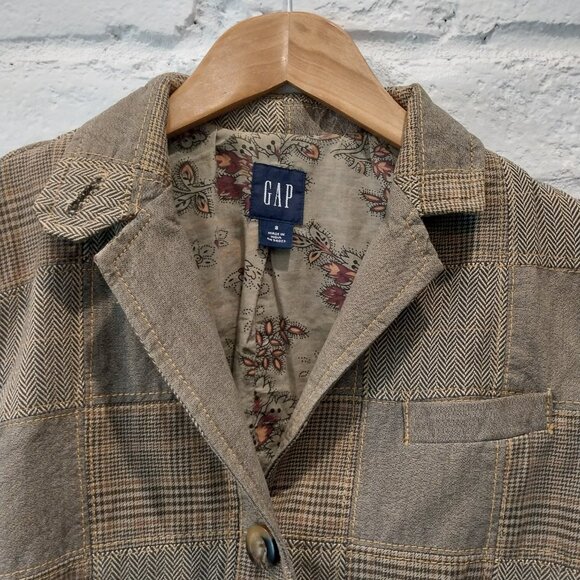 Vintage GAP Jacket Womans 8 Brown Houndstooth Plaid Patchwork Blazer Y2K Cotton. - Picture 10 of 16